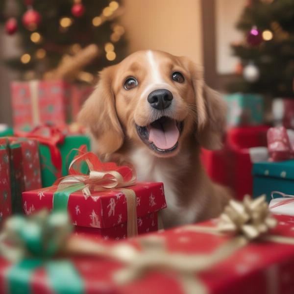 Dog opening Christmas box with excited expression