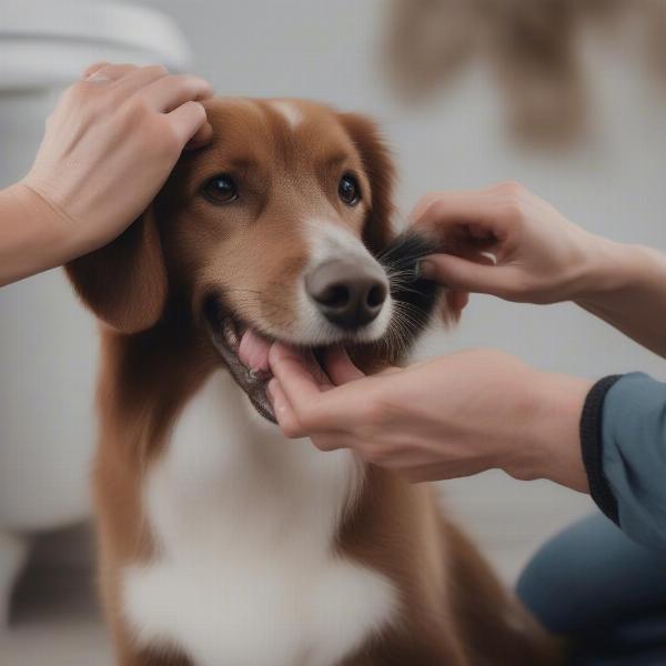 A dog owner brushing their dog at home.