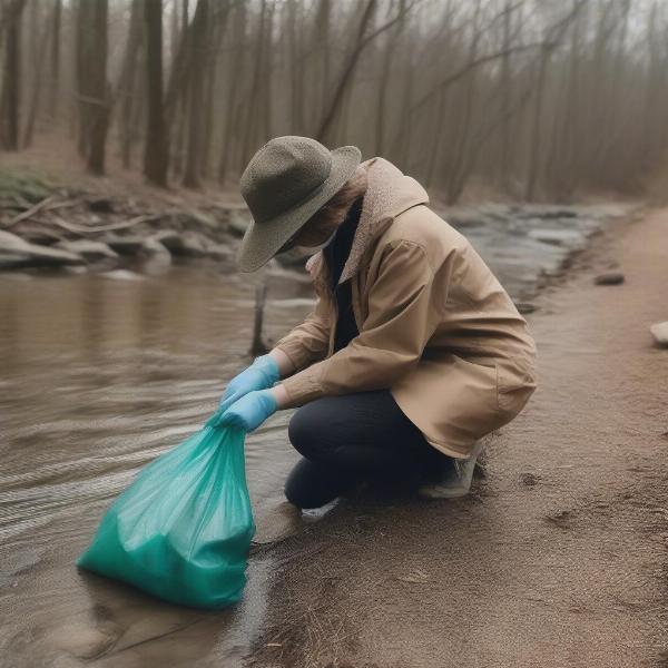 A dog owner picking up their dog's waste in a bag near a creek.