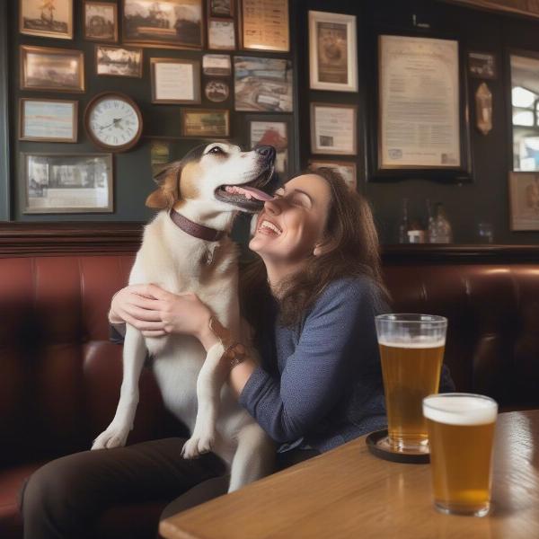 Dog owner enjoying a pint with their dog at a pub in Peterborough.