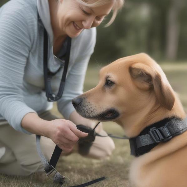 Dog owner fitting an escape proof harness on their dog