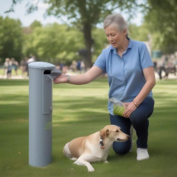 Dog Owner Using Waste Bag Dispenser in Park