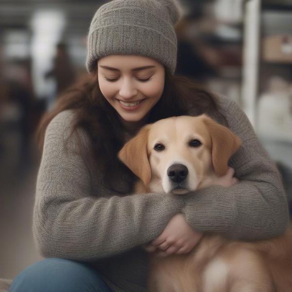 Dog owner wearing the Costco sweater while cuddling their dog