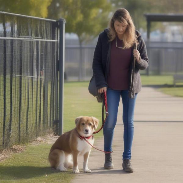 Dog owner with dog on leash at the entrance of a dog park.