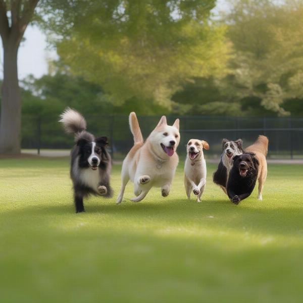 Dogs playing fetch in a Long Island dog park