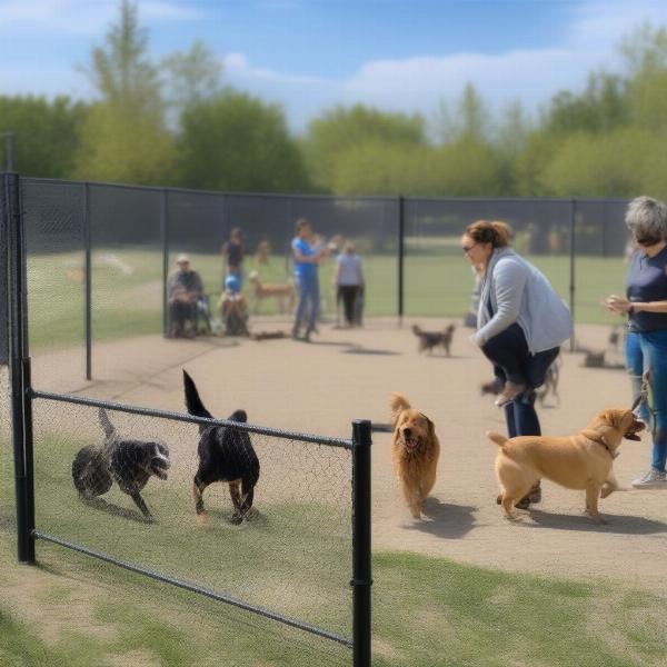 Dog park play area with dog owners