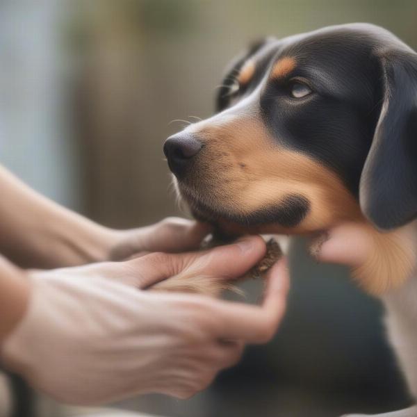 Checking a dog's paw for parasites