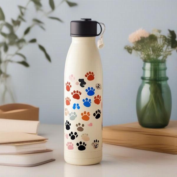 Dog paw stickers on a water bottle