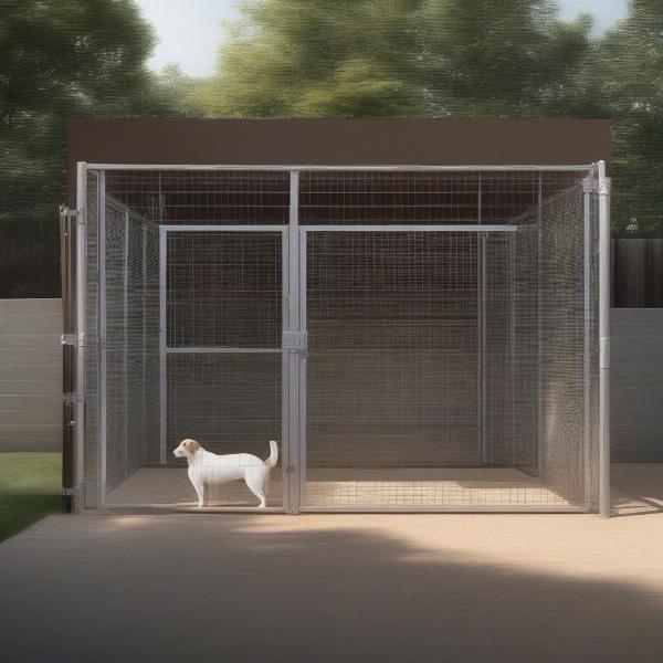 An outdoor dog pen setup with shade and water.