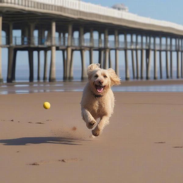 Dog playing on the beach at Weston Super Mare