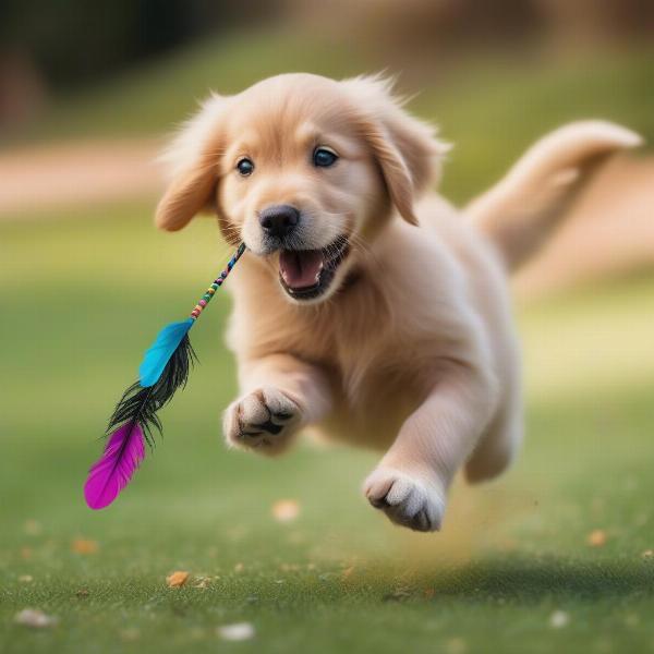 Dog Playing with a Cat's Feather Wand