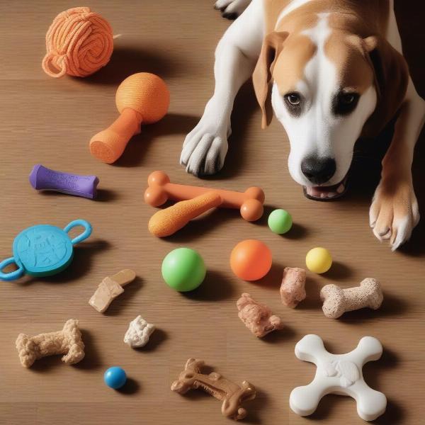 Dog playing with different chew toys