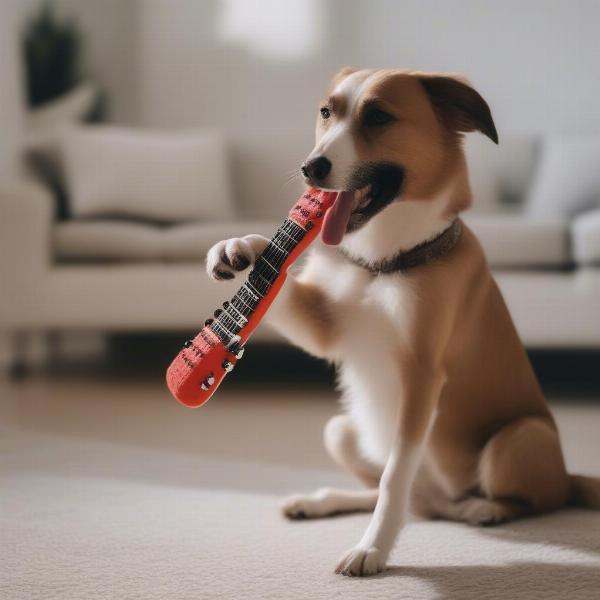 Dog Interacting with a Guitar Toy