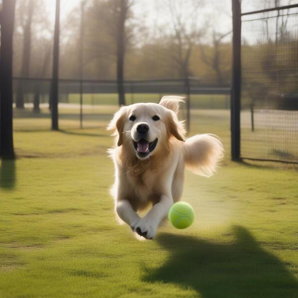 Dog playing fetch in a spacious and well-maintained Hopwood dog run