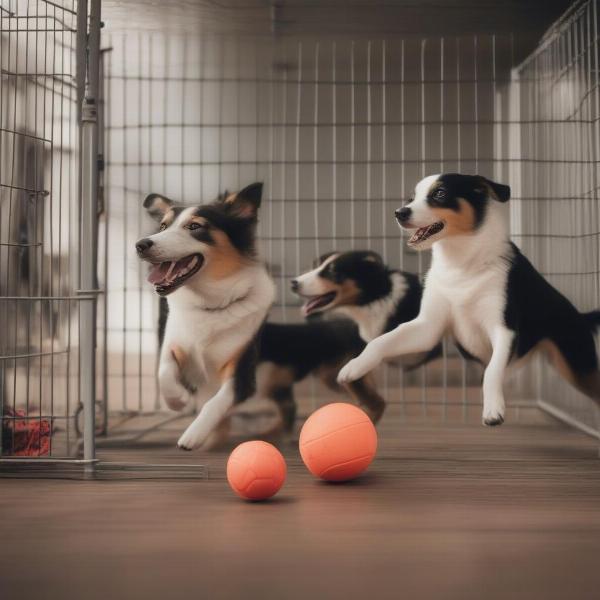 Dogs Enjoying Playtime in a Kennel Play Area