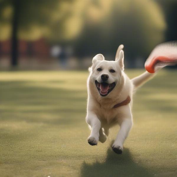 Dog playing fetch in a park