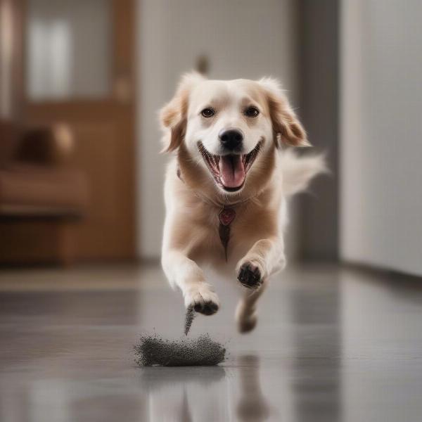 Dog playing on stained concrete floor