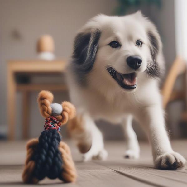 Dog playing safely with a braided toy under supervision.