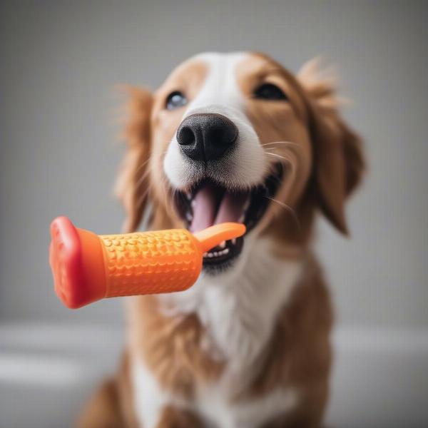 Dog playing with a chew toy