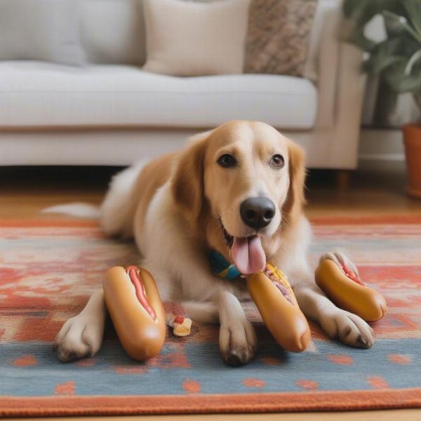 Dog Interacting with Hot Dog Slippers