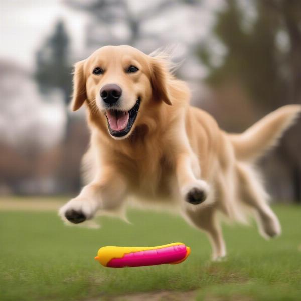 Dog Playing Fetch with a Hot Dog Toy