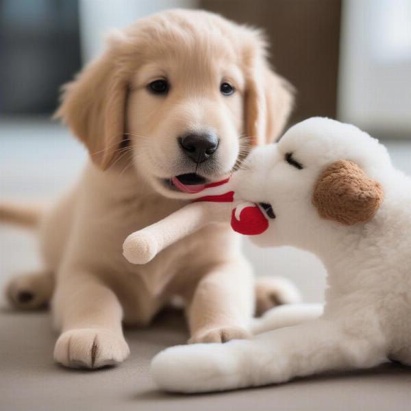 Dog happily playing with a lamb chop toy