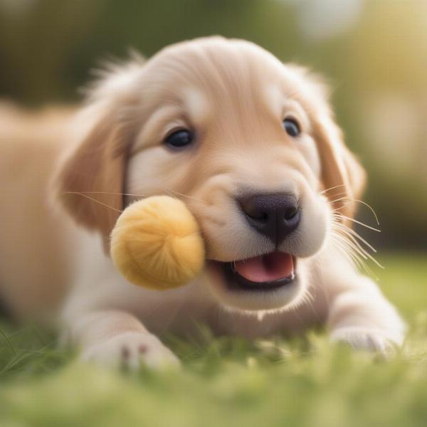 Dog happily playing with a squeaky mouse toy