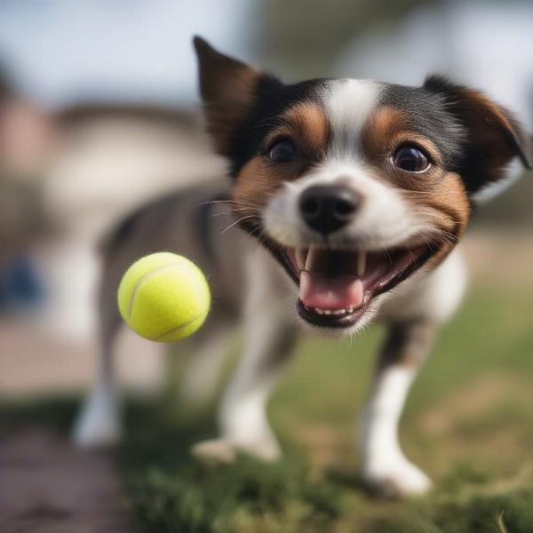 Dog playing with small tennis ball