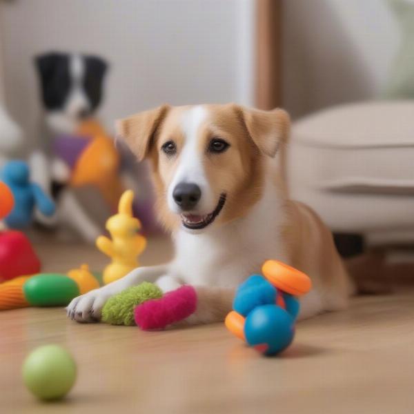 Dog playing with toys