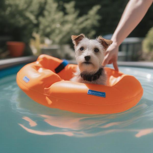 Dog wearing a life vest in a Toronto dog pool