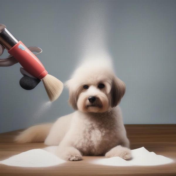 Dog being groomed with powder