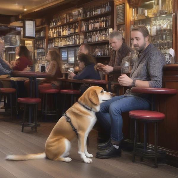 Dog owner keeping their dog on a lead in a pub.