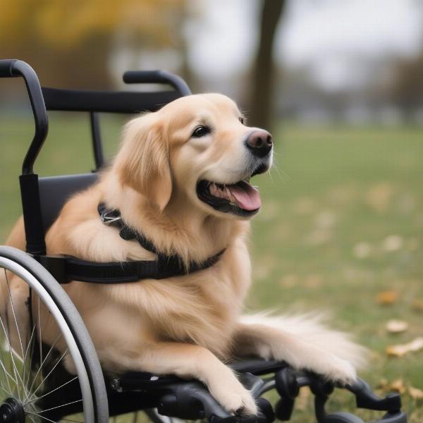 Dog using a rear leg wheelchair