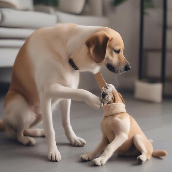 A dog receiving first aid for a minor injury