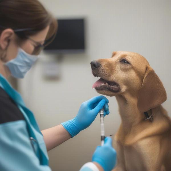 Veterinarian administering a canine hepatitis vaccine to a dog.