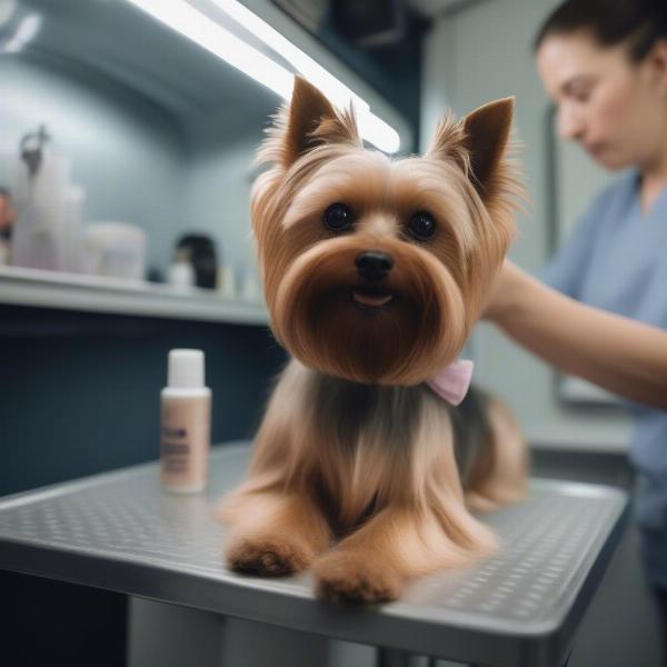 A dog being groomed inside a mobile grooming van in Derby, the groomer is trimming the dog's nails.