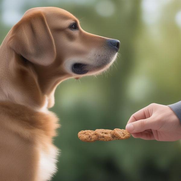 A dog owner giving their dog a Treatibles treat.