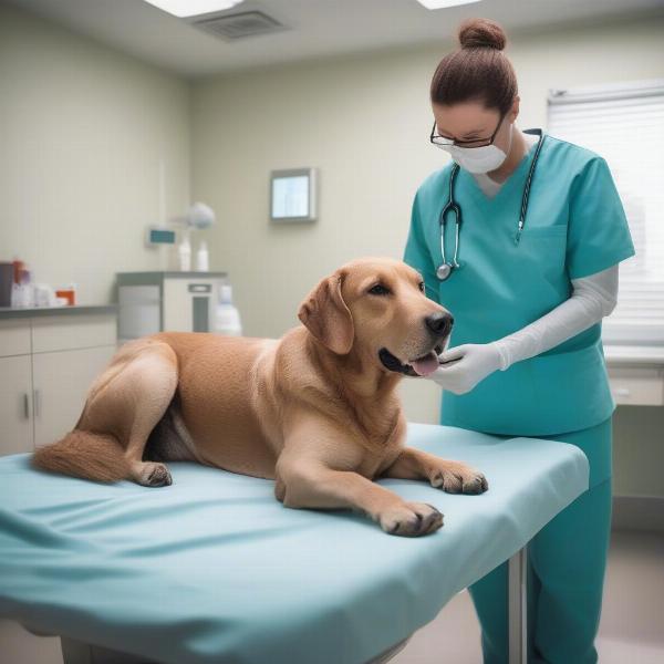 Dog Receiving Veterinary Care: A dog being examined by a veterinarian.