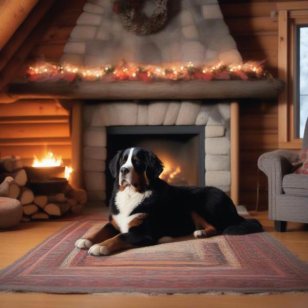 Dog relaxing by the fireplace in a New England cabin