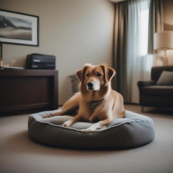 A dog relaxing in a hotel room in Regina.