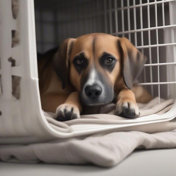 Dog Relaxing in Crate with Chew Toy