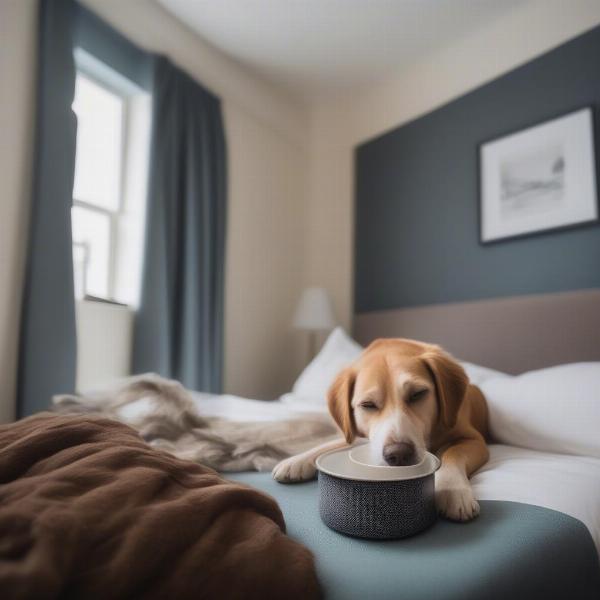 A dog relaxing comfortably in a dog-friendly hotel room in Tenby.