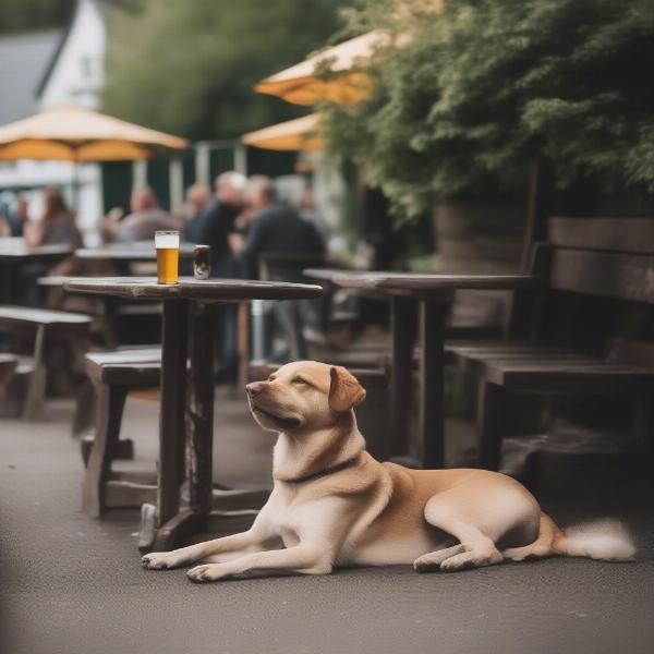 Dog relaxing in a pub garden in Fort William