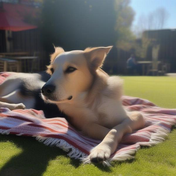 Dog relaxing in a pub garden