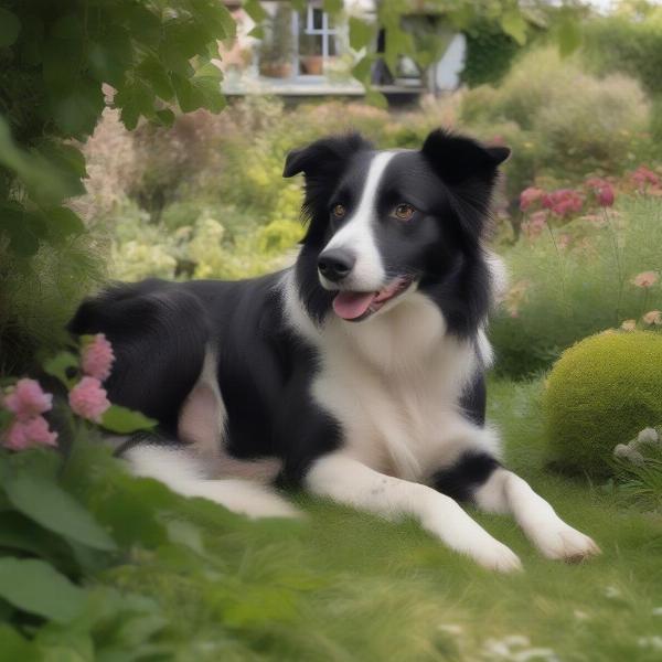 Dog relaxing in the garden of a Welsh cottage