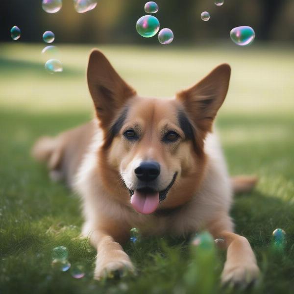 A dog resting after playing with bubbles