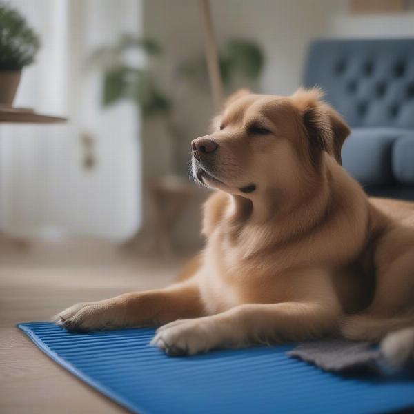 Dog resting on a cooling mat