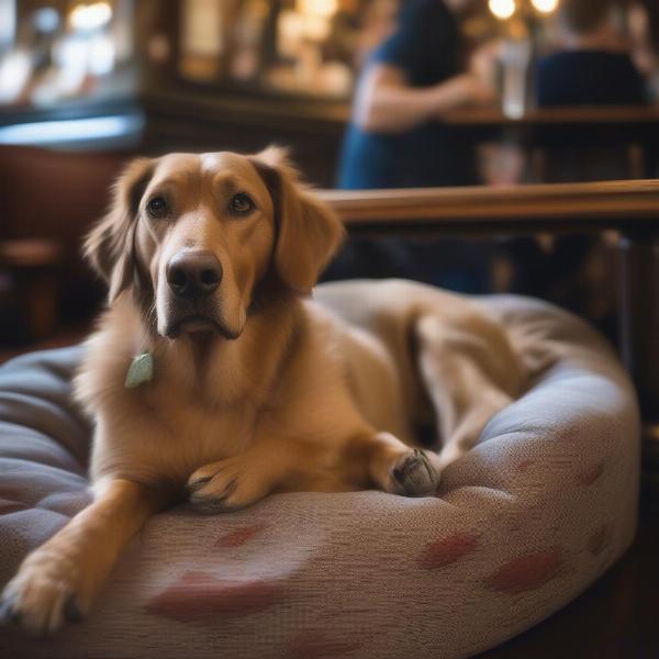 Dog resting comfortably at a Lancaster pub