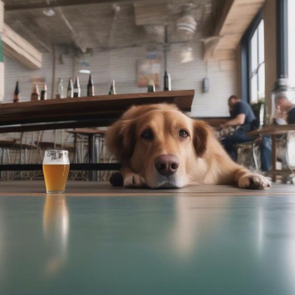 Dog resting calmly at a brewery