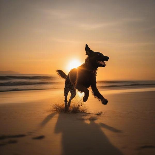 Dog running on the beach at sunset